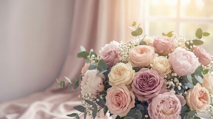 Romantic Valentine Floral Bouquet with Pastel Roses and Peonies in Soft Light