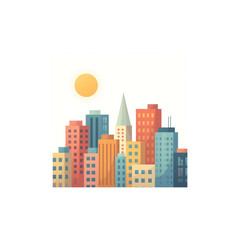 Obraz premium Vibrant cartoon cityscape illustration showcasing a lively urban skyline with diverse buildings and a bright sun, perfect for design projects and modern architectural themes