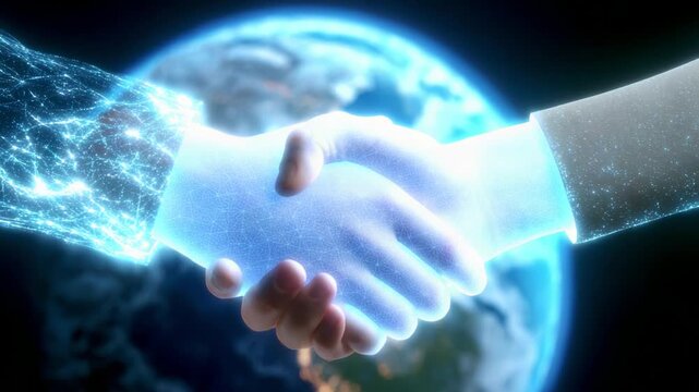 A Glowing Connection: The Visual Representation of Unity Between Human and Digital Worlds, Symbolizing Collaboration and Innovation, with Earth's Beauty as a Backdrop for Progress and Future Endeavors