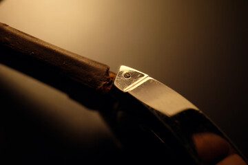 Macro detail of a watch strap connection featuring a metallic lug and screw pin hole. Warm lighting...