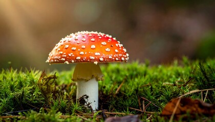 Amanita muscaria mushroom in a forest setting with sunlight.