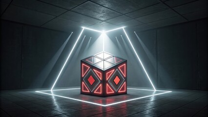 A futuristic cube with red and black geometric patterns illuminated by neon lights in a dark room