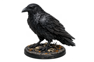 Black raven sculpture standing on a circular base adorned with human skulls and dry leaves. Transparent background