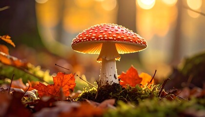 Amanita Muscaria Mushroom in Autumn Forest with Sunlight.