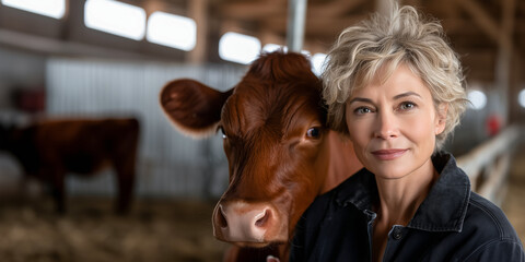 poster featuring a portrait of a young American woman holding a red Holstein dairy cow against a barn background, copy space advertising the importance of cow farming