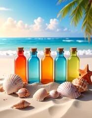 Beach Bottles and Seashells - A Tropical Beach Still Life.