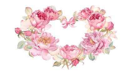 Watercolor Floral Heart Wreath with Pink Peonies and Roses. Romantic Valentine's Day or Wedding Clipart. Watercolor peonies form a heart-shaped floral arrangement