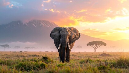 Obraz premium Majestic Elephant Standing Proudly in the African Savannah at Sunrise with Mount Kilimanjaro in the Background