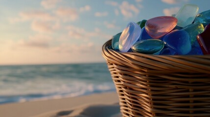 Woven basket filled with colorful glass stones on a sandy beach with ocean waves and cloudy sky