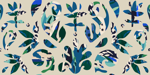 Abstract botanical silhouettes print. Leaves, flowers and shapes collage contemporary seamless pattern. 