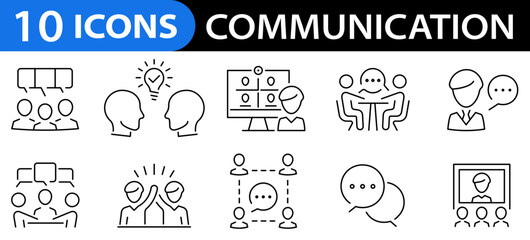 Fototapeta premium Communication icons set. Contact icons. Business training and workshop excellent icons. Discussion, speech bubble icon. Vector illustration