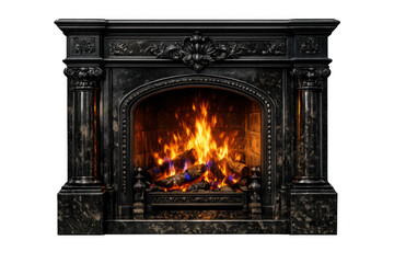 Naklejka premium Ornate black marble fireplace with a burning fire and wooden logs providing warmth and cozy ambiance on transparent background