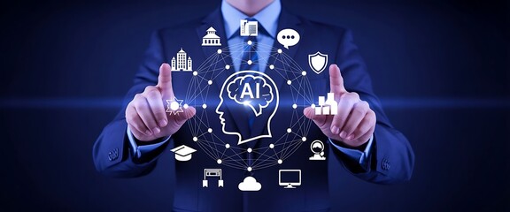 Futuristic glowing digital interface showing AI neural network connecting global business data and human innovation