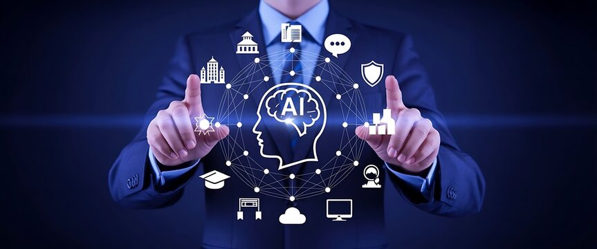 Futuristic glowing digital interface showing AI neural network connecting global business data and human innovation - Powered by Adobe