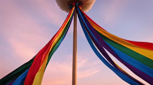 Maypole ribbons in the sky: Vibrant ribbons of color billow in the wind, gracefully cascading down from a central pole against a soft, pastel-hued sky, celebrating community and heritage.