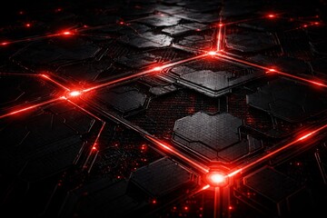Futuristic Red Energy Core Beneath Hexagonal Tech Grid Sci-Fi Hex Surface With Glowing Red Power Network
