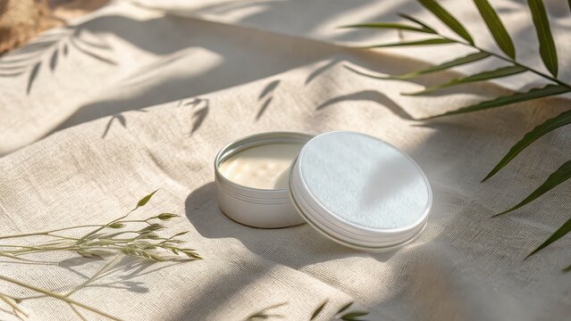 White metal tin with natural cream on linen fabric in sunlight, concept for organic skincare, body butter packaging, eco beauty product mockup, minimalist wellness branding, clean cosmetic design