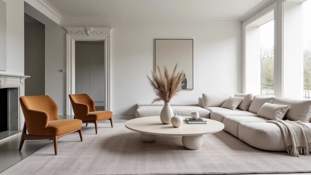 luxurious living room in a classical apartment, emphasizing elegant interior design and modern furniture pieces in a harmonious setting 