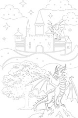 Illustration of a medieval winter village landscape featuring a fantasy fairytale castle line art for coloring books page
