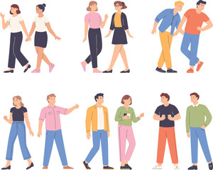 Fototapeta premium People interaction illustration, casual pair poses, social behavior vector, friendship gesture design, colorful character set, public communication scene