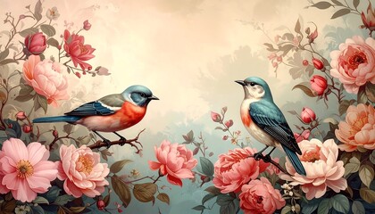 Birds Among Roses - A Vintage Floral Art Illustration.