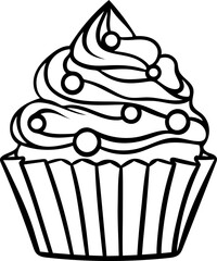Hand-drawn sketch of a traditional cupcake decorated with pearls, Mardi Gras beads. Simple black and white icon for carnival feast, celebration