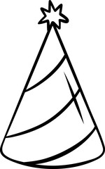 Simple black and white doodle of a striped party hat. Sketch style icon for birthday celebration, Mardi Gras, or festive carnival