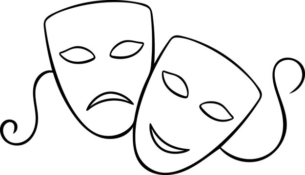 Black and white line art icon of an elegant masquerade mask. Theatrical jester's mask, drama and comedy, Doodle style sketch for Mardi Gras celebration, disguise