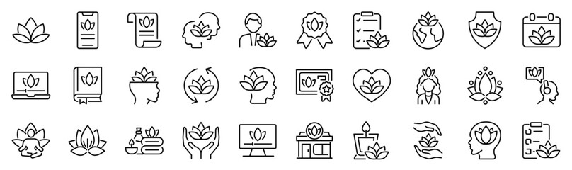 Obraz premium Set of 30 outline icons related to lotus. Linear icon collection. Editable stroke. Vector illustration