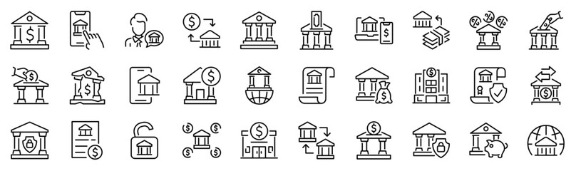 Set of 30 outline icons related to bank. Linear icon collection. Editable stroke. Vector illustration