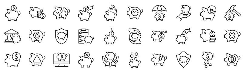 Obraz na płótnie Canvas Set of 30 outline icons related to piggy bank. Linear icon collection. Editable stroke. Vector illustration