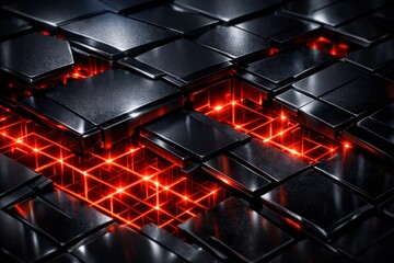 Futuristic Red Grid Core Embedded In Black Tech Surface
 Sci-Fi Technology Panel With Glowing Red Network