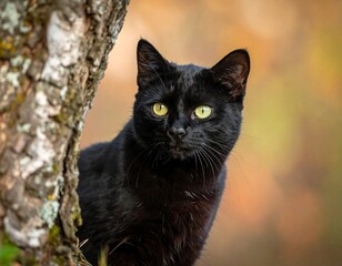 Black Cats Intense Gaze - A Portrait of Feline Focus in Nature.