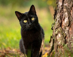 Black Cat Stares Intently by a Tree in Natural Light.