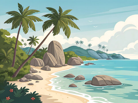Andaman beach limestone rocks, flat vector tropical scene