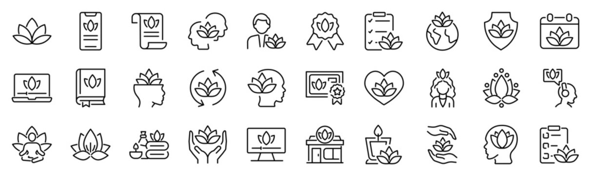 Set of 30 outline icons related to lotus. Linear icon collection. Editable stroke. Vector illustration