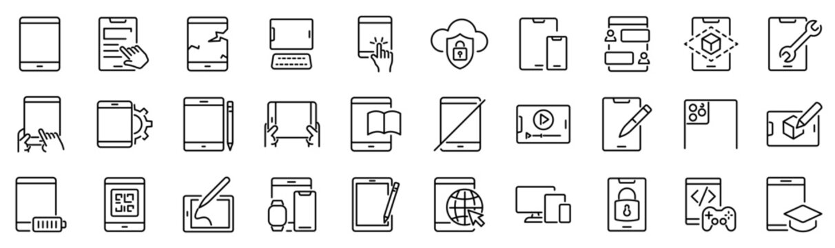 Set of 30 outline icons related to tablet. Linear icon collection. Editable stroke. Vector illustration