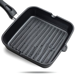 Black Square Grill Pan with Ridges and Handle for Cooking.