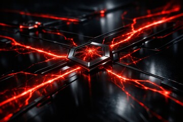 Futuristic Red Energy Core On Dark High-Tech Circuit Sci-Fi Technology Hub With Glowing Red Power Lines
 
