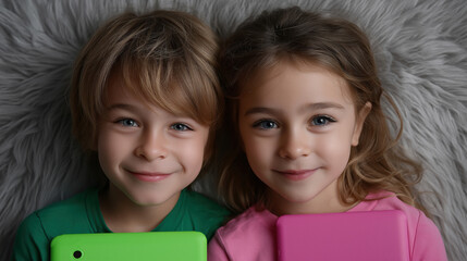 Children looking at camera while holding tablets on soft surface