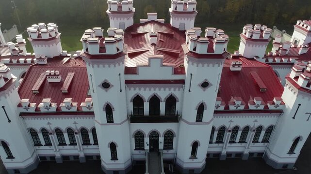 Aerial view of Kossovo Castle in Belarus on a sunny day. Belarusian landmarks