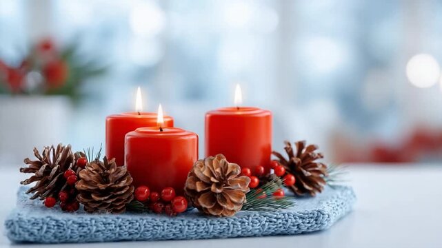 Illuminating the Season: A heartwarming arrangement of red candles aglow, nestled amongst pinecones and berries, evoking a sense of cozy festivity.