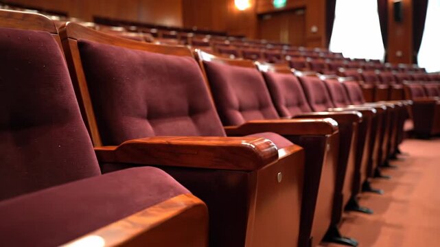 Auditorium Seating: A captivating perspective of rows of plush, empty seats arranged within a majestic auditorium. The dim lighting and rich wood accents hint at the anticipation of a performance.
