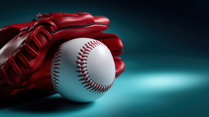 Baseball resting on a glove under blue lighting in a studio