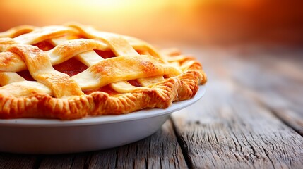 Freshly baked lattice apple pie on rustic wooden table at sunset