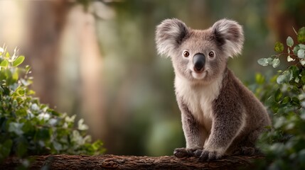 Cute koala sitting on a tree branch surrounded by lush green foliage in a forest setting