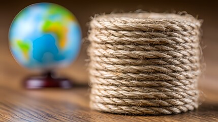Close-up of a coiled rope with a blurred globe in the background on a wooden surface