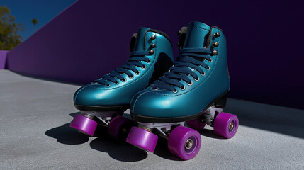 Bright blue roller skates with purple wheels on smooth surface