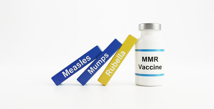MMR vaccine vial with domino blocks representing Measles Mumps and Rubella