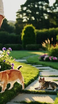 Hopeful amputee man with prosthetic leg walking in peaceful garden, finding true hope and joy. story of resilience over disability through powerful companionship of dog and cat